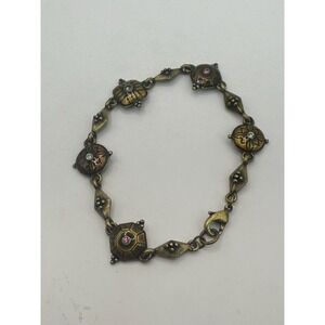 Vintage Gold Tone Rhinestone Link Bracelet Floral Geometric Design